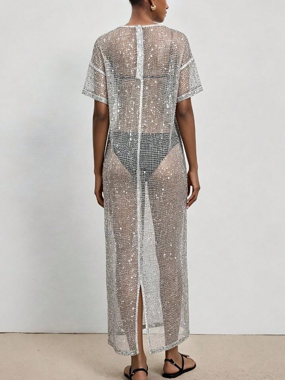 White Sheer Sequin Women's Maxi Dress Split Hem, Mid‑Sleeve & Button Detail - Picture 2 of 5